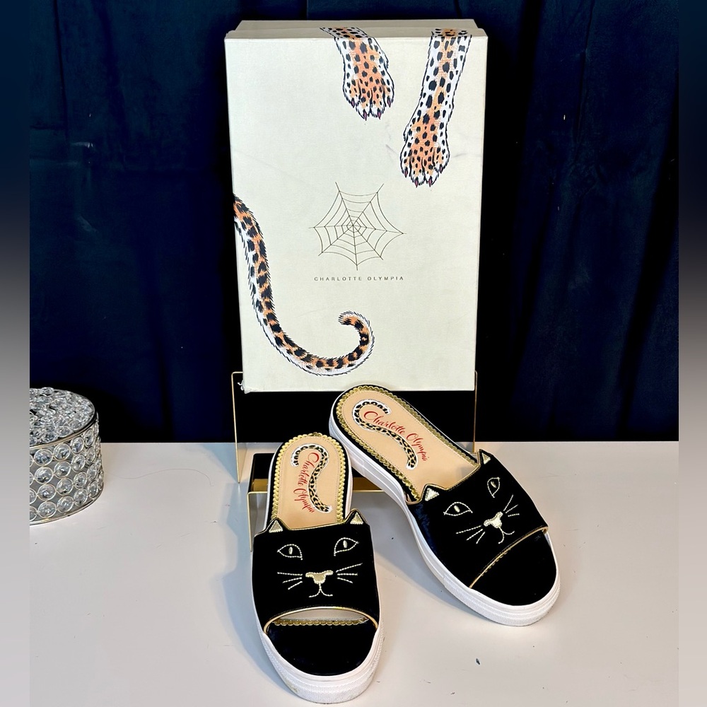 CHARLOTTE OLYMPIA Kitty Velvet Pool Slides, size 9.5-10US/40EU